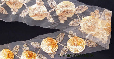 Beige Net Lace Trim With Blue / Beige / Red Thread Flowers and Gold Leaves Embroidery, Approx. 95mm wide